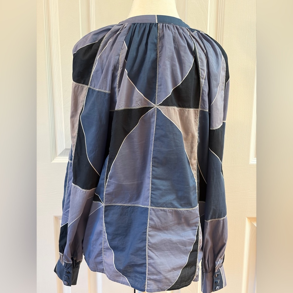 Sezane Lealys Blue Patchwork Cotton Button Up Blo… - image 4